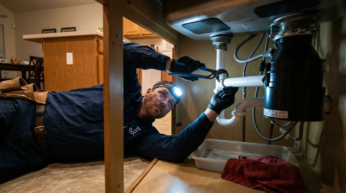 P-trap and supply line connections under a kitchen sink showing a common leak point in Milan, MO